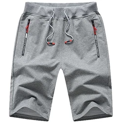 JustSun Kurze Hosen Herren Shorts Sommer Sport Gym Shorts mit Reißverschlusstaschen und Elastischer Taille Grau