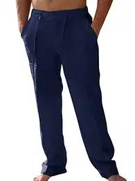 Hose Herren Lange Leinenhose mit Seitentaschen Loose Fit Sommerhose mit Weiten Beinen Dunkelblau M