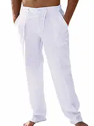Hose Herren Lange Leinenhose mit Seitentaschen Loose Fit Sommerhose mit Weiten Beinen Weiß M