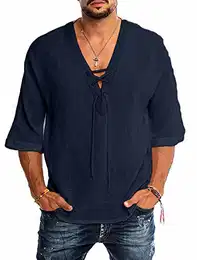 Hemd Herren Kurzarm Leinenhemd mit V Ausschnitt Mittelalter Schnürhemd Loose Fit Sommer Shirt Dunkelblau M