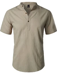 Sommerhemd Herren, aus Baumwolle, Leinen, Kurzarm, casual Henley-Hemd, leichte Sommer-Oberbekleidung für den Strand, mit Stehkragen, khaki, M