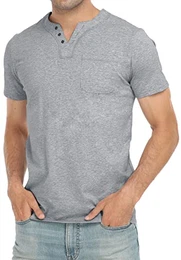 Herren Henley Tshirt Kurzarm V-Ausschnitt mit Tasche Regular Fit Casual Sommer T Shirts für Männer, Grey, M