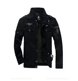 Herren Übergangsjacke Militär Jacke Stehkragen Fliegerjacke Baumwolle Bomber Jacke Multi Taschen Armeejacke Feldjacke (M, Schwarz)