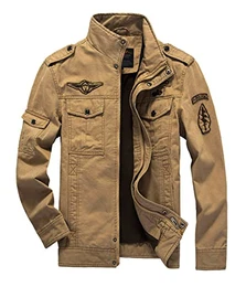 Herren Übergangsjacke Militär Jacke Stehkragen Fliegerjacke Baumwolle Bomber Jacke Multi Taschen Armeejacke Feldjacke (M, Khaki)