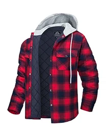 Herren Thermohemd Warme Kariertes Frühling Shirt Hoodie Gesteppt Plaid Hemd Abnehmbar Kapuze Flanellhemd Herren Winter Fleece Hemdjacke mit Große Taschen Rot Dunkelblau M