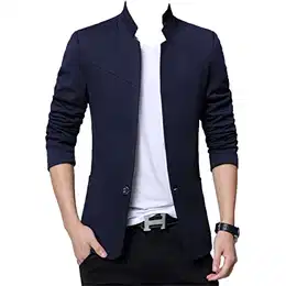 Slim Fit Stehkragen Anzugsjacke für Herren Fester Lässigerr Einreihiger Sportmantel mit Einem Knopf Klassischer Bequemer Blazer (Blau,M)