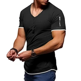 T-Shirt Herren V Ausschnitt Tshirt Kurzarm Sommer Oberteil Running Workout Tee Shirts Atmungsaktive Sportshirt Schwarz M