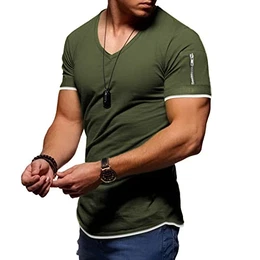 T-Shirt für Herren Sommer Oberteil Kurzarm Sleeve Tee Shirts mit V-Ausschnitt Atmungsaktive Lässige Sportliche T Shirts Armeegrün M