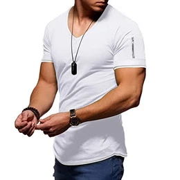 T-Shirt für Herren Sommer Oberteil Kurzarm Sleeve Tee Shirts mit V-Ausschnitt Atmungsaktive Lässige Sportliche T Shirts,Weiß,M