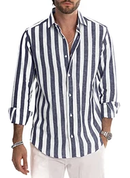 Herren Hemd Langarm Sommer Gestreifte Freizeithemden Casual mit Knöpfen Regular Fit Navy blau Weiß M