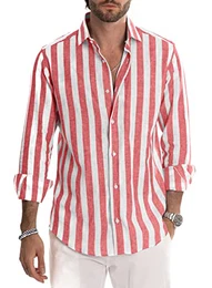 Herren Hemd Langarm Sommer Gestreifte Freizeithemden Casual mit Knöpfen Regular Fit Rot Weiß M