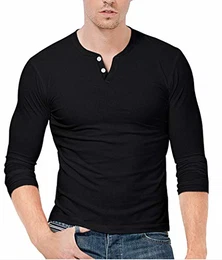 KUYIGO Herren T-Shirt V-Ausschnitt Henley-Shirt Klassisch Langarm Einfarbig M Schwarz