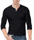 KUYIGO Herren T-Shirt V-Ausschnitt Henley-Shirt Klassisch Langarm Einfarbig M Schwarz