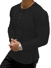 Muscle Henley Shirt Herren Langarm, Slim-fit Langarmshirt, Freizeit T-Shirt aus Baumwolle mit Kurzen/Langen Ärmeln,Schlanke Passform Geripptes Hemd Schwarz/M