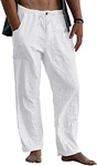 Gemijacka Herren Leinenhose Lange Weite Sommerhose Kordelzug Yogahose mit Taschen Luftig Sonnenschutz Strandhose Weiß