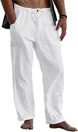 Herren Leinenhose Lange Weite Sommerhose Kordelzug Yogahose mit Taschen Luftig Sonnenschutz Strandhose Weiß XL