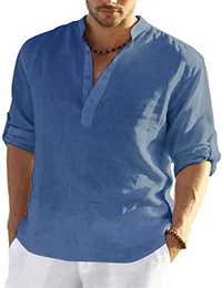 Leinenhemd Herren Hemd Herren Langarm Henley Shirt Herren Sommerhemd Strandhemd Leinen Freizeithemden Linen Shirt Men (Blau, M)