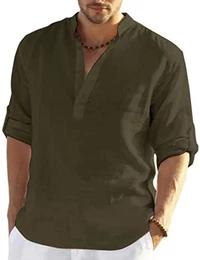 Leinenhemd Herren Hemd Herren Langarm Henley Shirt Herren Sommerhemd Strandhemd Leinen Freizeithemden Linen Shirt Men (Armee Grün, M)