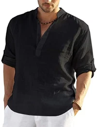 Leinenhemd Herren Hemd Herren Langarm Henley Shirt Herren Sommerhemd Strandhemd Leinen Freizeithemden Linen Shirt Men (1 Schwarz, M)