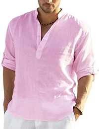 Leinenhemd Herren Hemd Herren Langarm Henley Shirt Herren Sommerhemd Strandhemd Leinen Freizeithemden Linen Shirt Men (2 Rosa, M)