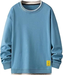 Pullover Herren Sweatshirt Ohne Kapuze Basic Kontrastfarbenes Langarmshirt Streetwear Sweater Mit Doppeltem Saum Unisex Crewneck(Blau,M)