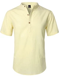 Sommerhemd Herren, aus Baumwolle, Leinen, Kurzarm, casual Henley-Hemd, leichte Sommer-Oberbekleidung für den Strand, mit Stehkragen, Beige Gelb, M