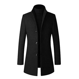 Herren Wolle Wintermantel Slim Fit Lang Wollmantel Business Übergangsmantel für Winter, Schwarz (Thick), M