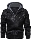 HOOD CREW Lässige Biker Lederjacke mit abnehmbarer Kapuze Schwarz