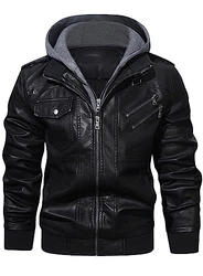 HOOD CREW Lässige Biker Lederjacke mit abnehmbarer Kapuze Schwarz