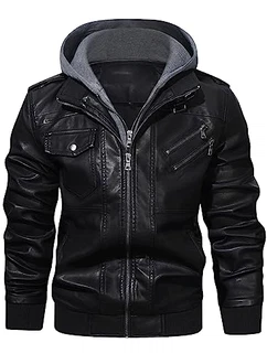 HOOD CREW Lässige Biker Lederjacke mit abnehmbarer Kapuze Schwarz