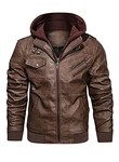 HOOD CREW Lässige Biker Lederjacke mit abnehmbarer Kapuze Dunkelbraun/Braun/Khaki