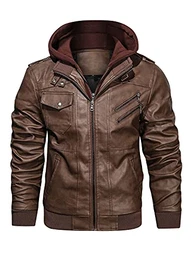 Lässige Biker Lederjacke aus Kunstleder für Herren mit abnehmbarer Kapuze