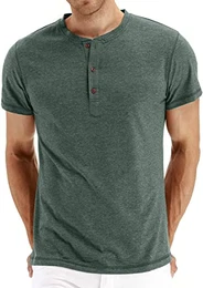 Henley Shirt Herren Sommer Classic Baumwolle Kurzarm Knopf T-Shirt Beiläufig T Shirts für Männer (VG Grün, M)