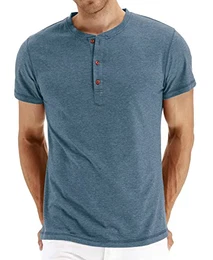 Henley Shirt Herren Sommer Classic Baumwolle Kurzarm Knopf T-Shirt Beiläufig T Shirts für Männer (VG Blau, M)