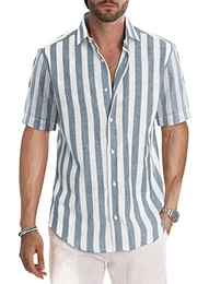 Gestreiftes Hemd Herren Kurzarm Freizeithemd Sommer Casual Regular Fit Grau Blau Weiß M