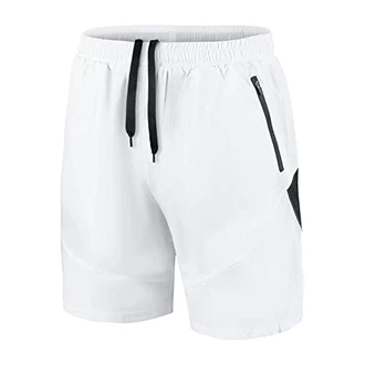 Herren Sport Shorts Kurze Hose Schnell Trocknend mit Reißverschlusstasche Weiß