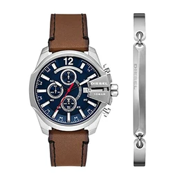 Herrenuhr Baby Chief, Chronographenwerk, 43mm Silber / Stahl Edelstahlgehäuse mit einem Lederarmband, DZ4601SET