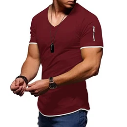 T-Shirt für Herren Sommer Oberteil Kurzarm Sleeve Tee Shirts mit V-Ausschnitt Atmungsaktive Lässige Sportliche T Shirts Weinrot M