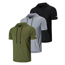 3er Pack Sport Shirt Männer Sport Tshirts Herren Schnelltrocknend Atmungsaktiv Laufshirt Kurzarm Sport Fitness Hoodie mit Handytaschen(550-Black Gray Green-XL)
