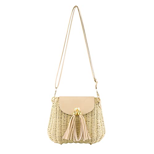 Damen Umhängetasche Aus Gewebter Baumwolle – Böhmische Strandtasche, Rund, Beige (26x21 Cm)