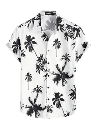 Herren Baumwolle Hawaii Hemd männer Blumen Freizeit Kurzarmhemd Sommerhemd Floral Mittel Weiß Kokosbaum