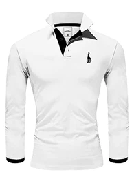 Herren Poloshirt Basic Kontrast Stickerei Kragen Langarm Polohemd T-Shirt R-0059 Weiß/Schwarz M