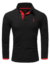 Herren Poloshirt Basic Kontrast Stickerei Kragen Langarm Polohemd T-Shirt R-0059 Schwarz/Rot M