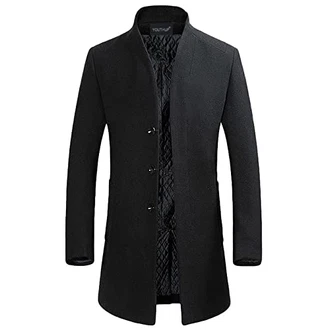 YOUTHUP Herren Mantel Slim Fit Winter Wollmantel Dicker Langer Übergangsmantel Schwarz