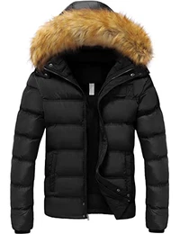 Herren Kurzer Wintermantel dicke warme Pufferjacke mit abnehmbarer Kunstpelzkapuze(Schwarz,M)