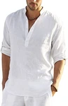 COOFANDY Herren Langarmshirt Henley Leinenhemd Regular Fit Weiß