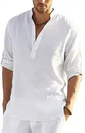 Herren Leinenhemd Langarmshirt Herren Henley Shirt Baumwolle Freizeithemd Casual Regular Fit Hippie Sommerhemd Weiß XL