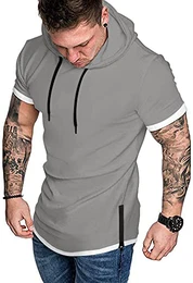 Gym Tshirts für Herren Kurzarm Sport Oberteil Hoodie Workout Trainingsshirt Fitness T-Shirt mit Reißverschluss Grey M