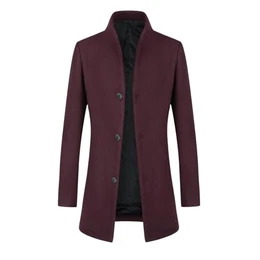 Wintermantel Herren Wollmantel Lang Slim Fit Herrenmantel mit Stehkragen Business Coat für Winter Weinrot S