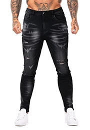 Skinny Jeans Herren Super Stretch Zerissene Slim Fit Destroyed Jeanshose Männer Ripped Denim Schwarz 32W/30L